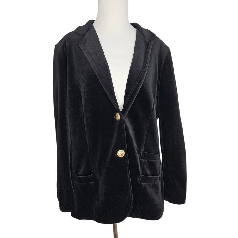 VTG 70s Butte Velvet Blazer Black Timeless Winter Gold Buttons Women XXL